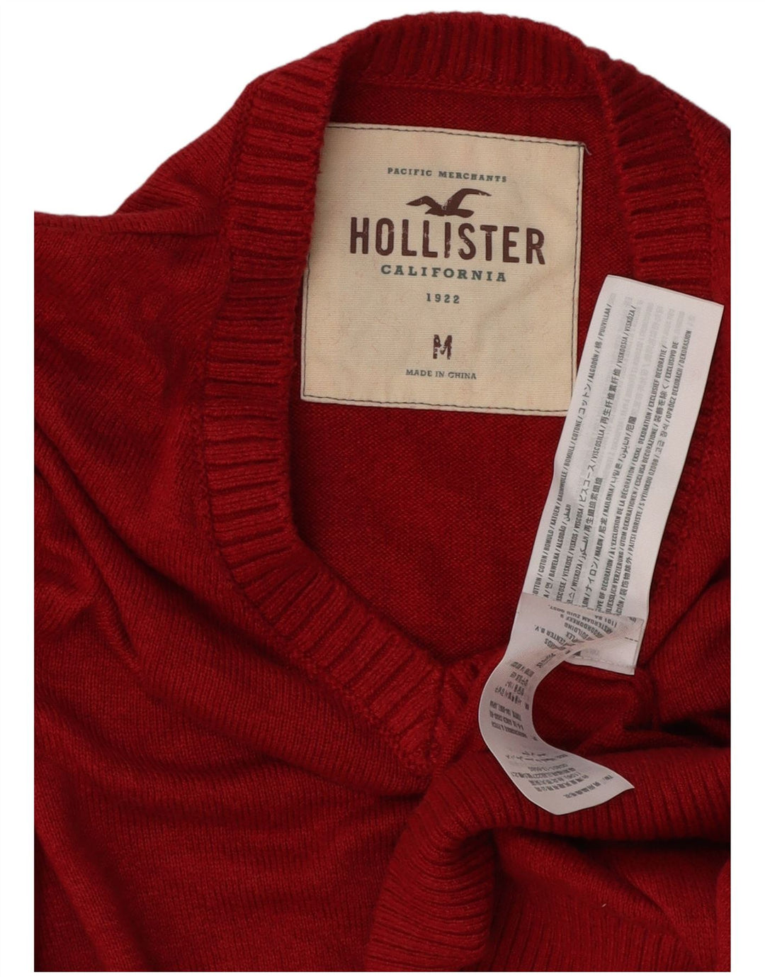 Suéter masculino Hollister com decote em V de algodão vermelho médio