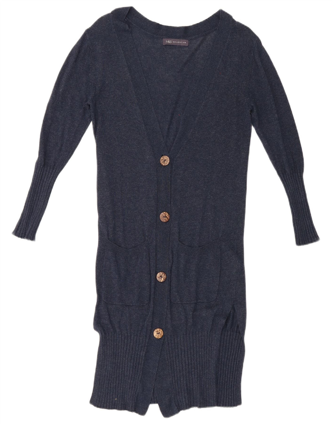 Suéter cardigã feminino Longline Marks & Spencer Reino Unido 10 pequeno azul marinho