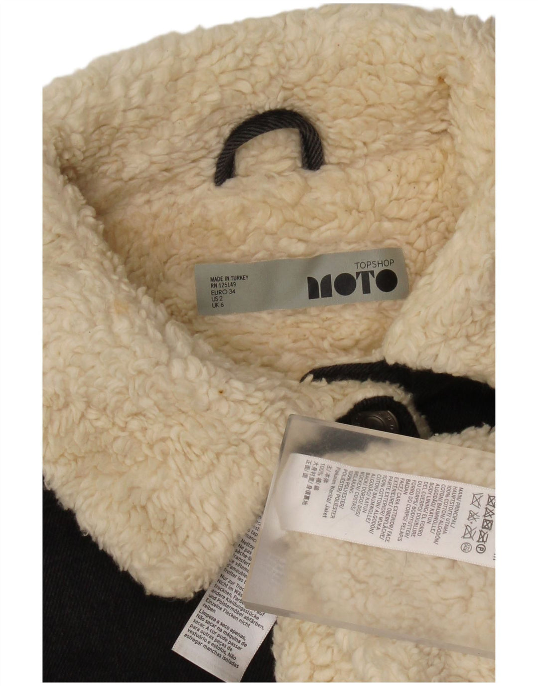 Jaqueta jeans feminina Sherpa de grandes dimensões da Topshop UK 6 XS algodão cinza