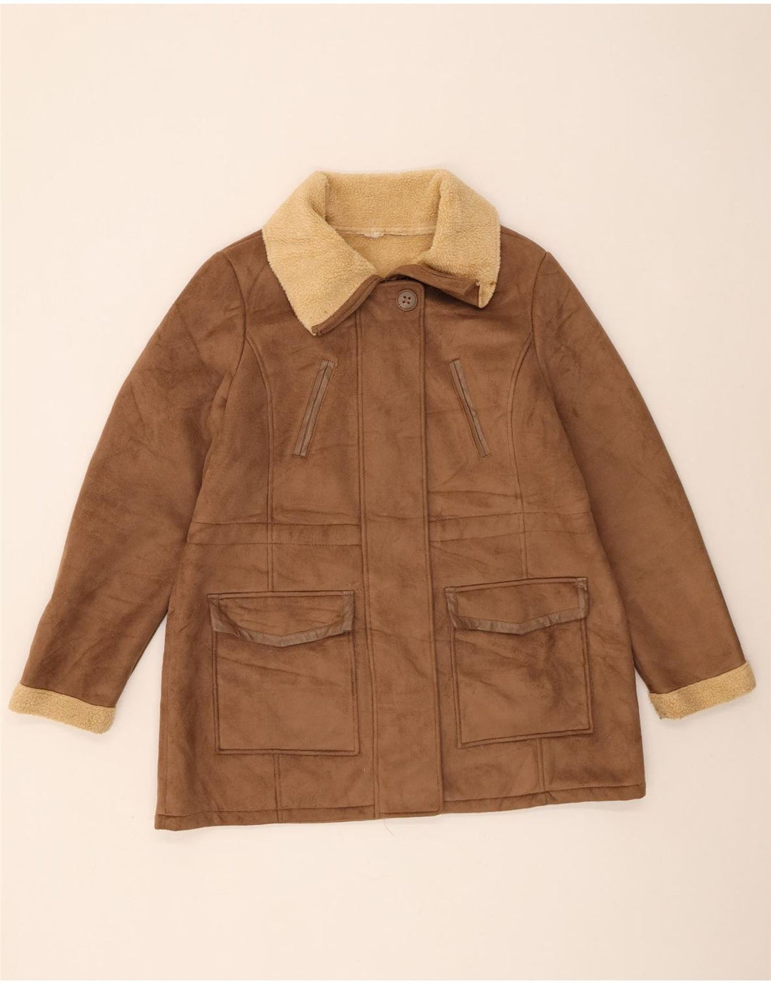 Jaqueta Sherpa Feminina Marks & Spencer Reino Unido 16 Grande Poliéster Marrom