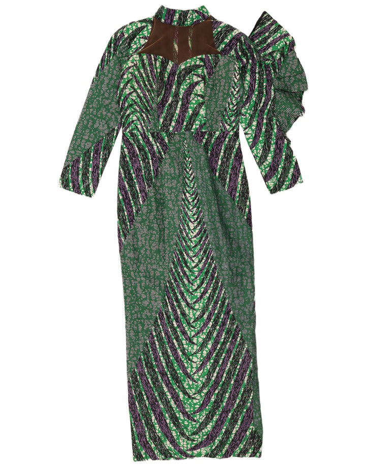 Vestido feminino vintage com estampa abstrata maxi bainha Reino Unido 12 verde médio