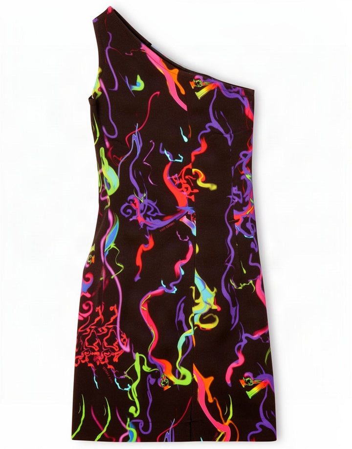 Vintage feminino padrão abstrato vestido de um ombro Reino Unido 8 pequeno preto