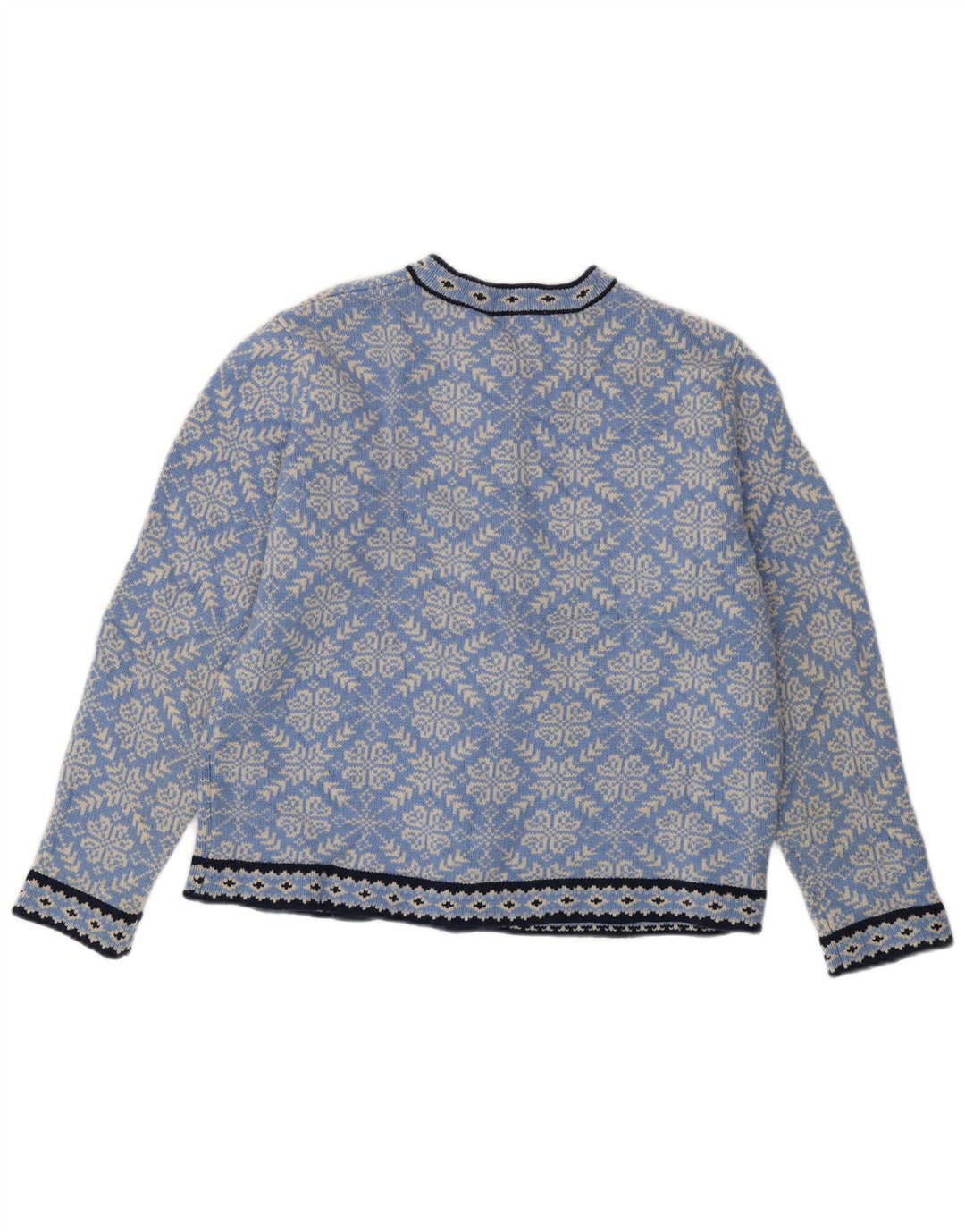 Suéter cardigã feminino L.L.BEAN UK 16 grande azul Fair Isle Merino lã