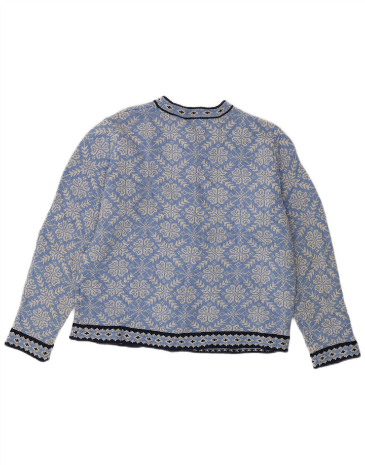 Suéter cardigã feminino L.L.BEAN UK 16 grande azul Fair Isle Merino lã