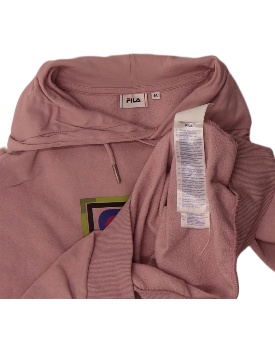 FILA Womens Graphic Hoodie Jumper UK 14 Medium Pink Cotton Vintage Fila and Second-Hand Fila from Messina Hembry 