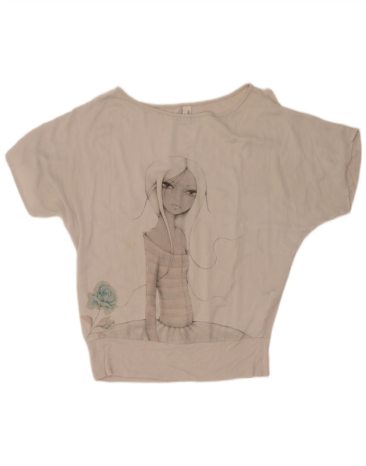 Camiseta feminina oversized gráfica Benetton UK 10 pequena cinza poliéster
