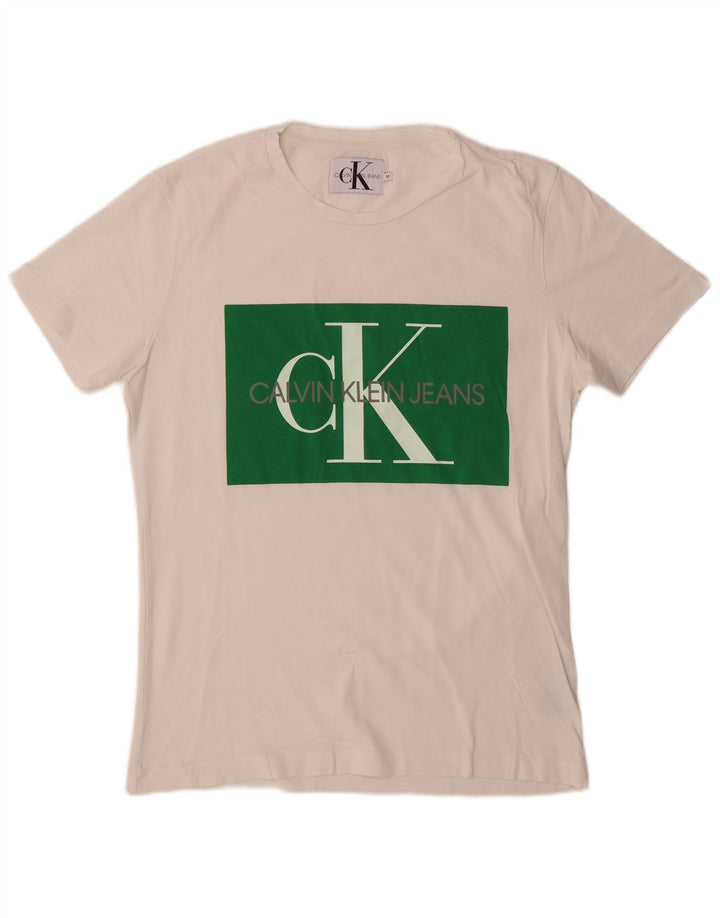 Calvin Klein Jeans Camiseta masculina gráfica Top médio algodão branco