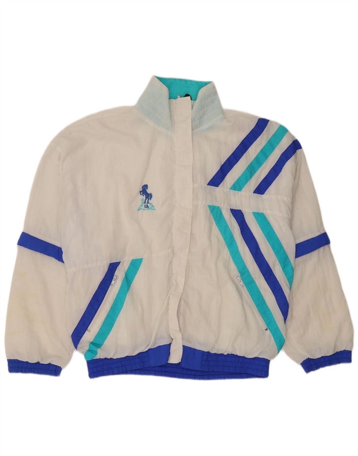 Jaqueta de agasalho feminino vintage UK 14 bloco colorido branco médio
