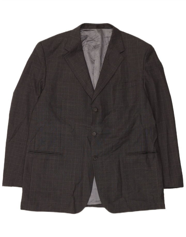 Jaqueta blazer masculina longa de 3 botões Marks & Spencer Reino Unido 48 2XL cinza xadrez