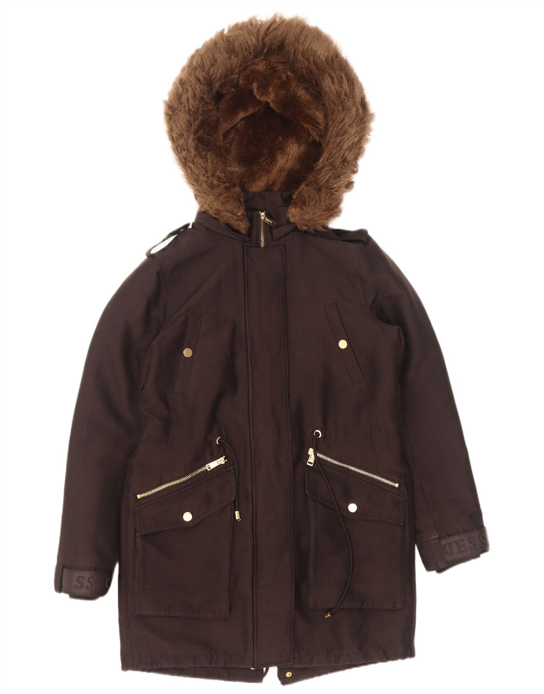 Guess Womens Graphic Hooded Parka Jacket UK 6 XS Poliéster Preto
