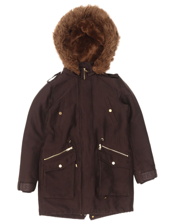 Guess Womens Graphic Hooded Parka Jacket UK 6 XS Poliéster Preto