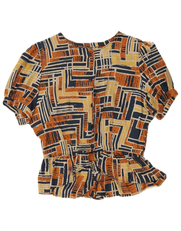 Blusa feminina vintage UK 12 média multicolorida geométrica