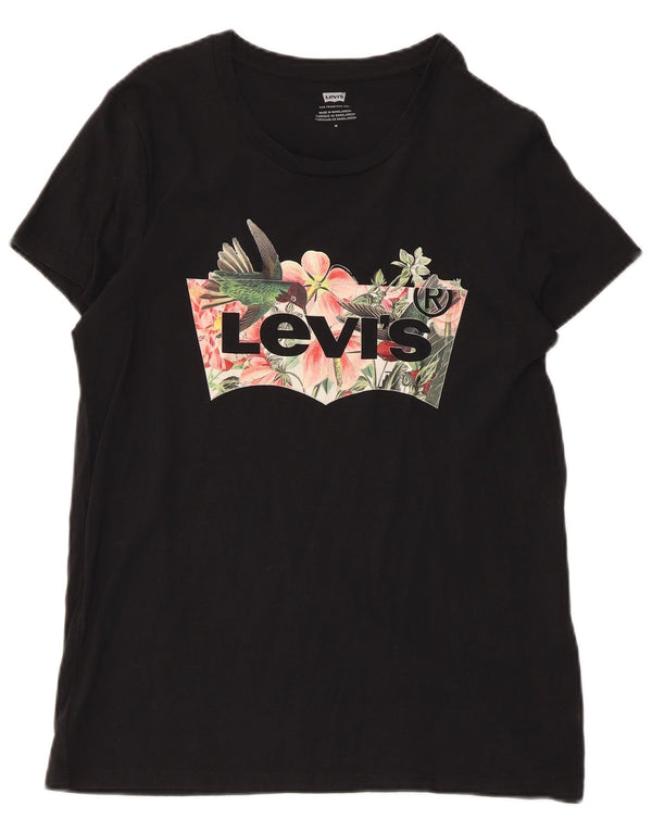 Camiseta feminina gráfica Levi's UK 12 algodão floral preto médio