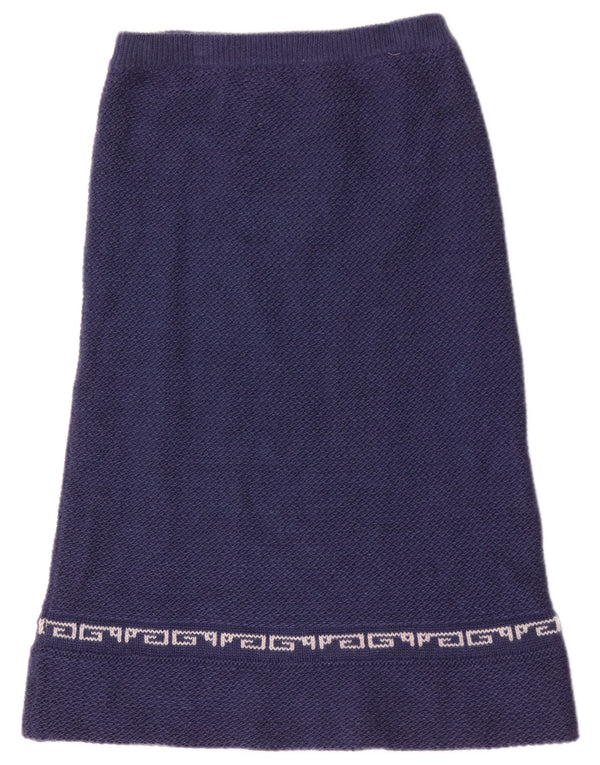 Saia midi vintage feminina em malha W26 pequena azul marinho geométrica