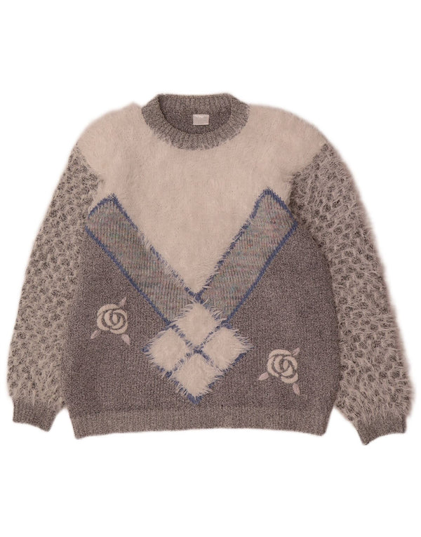 Suéter feminino vintage com gola redonda UK 20 2XL cinza colorblock acrílico