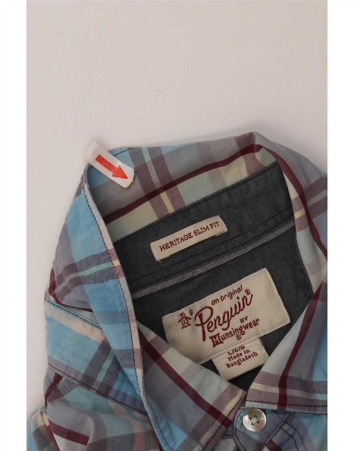 Camisa masculina Penguin Heritage Slim Fit grande algodão xadrez azul