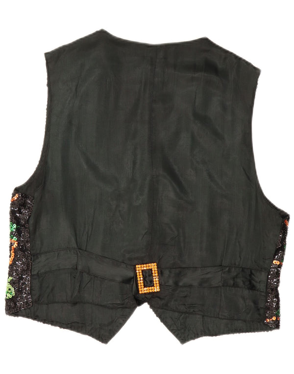 GIORGIO KAUTEN Womens Sequin Waistcoat UK 16 Large Black Floral Cotton