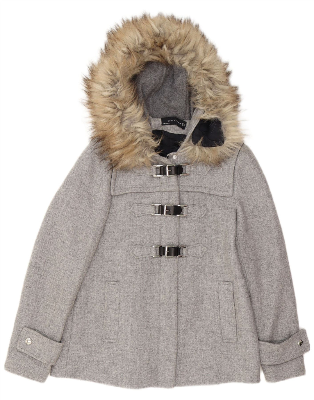 Zara Womens Hooded Oversized Duffle Jacket UK 6 XS Lã Cinza