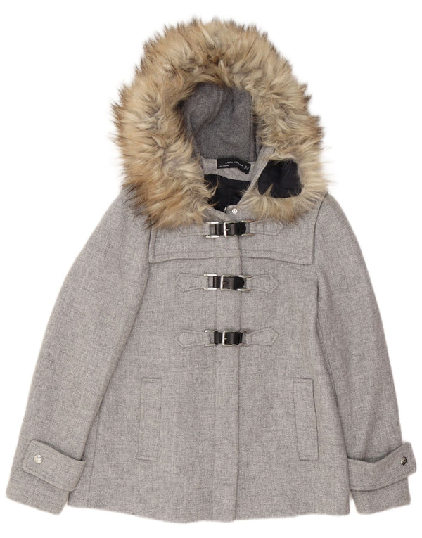 Zara Womens Hooded Oversized Duffle Jacket UK 6 XS Lã Cinza