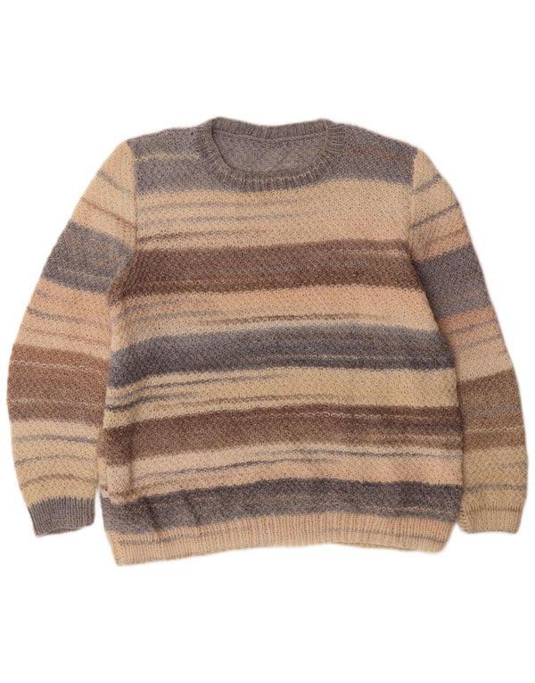 Suéter feminino vintage com gola redonda UK 18 XL listrado bege