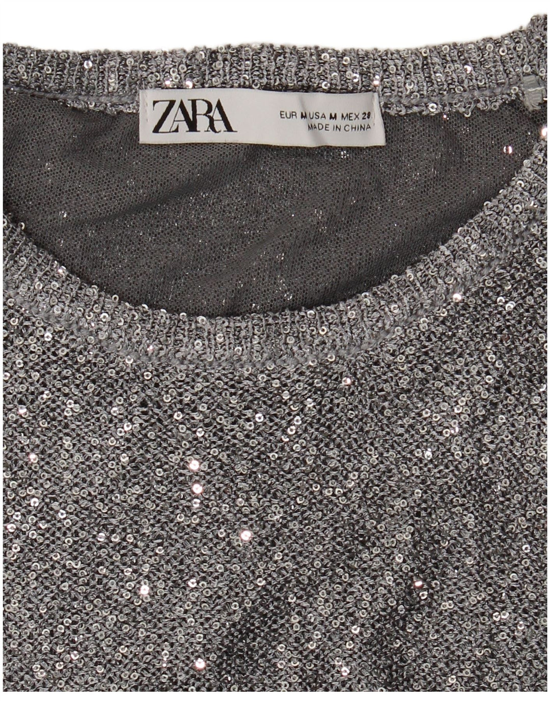 Suéter feminino Zara com gola redonda Reino Unido 12 médio prateado manchado
