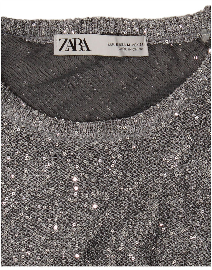 Suéter feminino Zara com gola redonda Reino Unido 12 médio prateado manchado