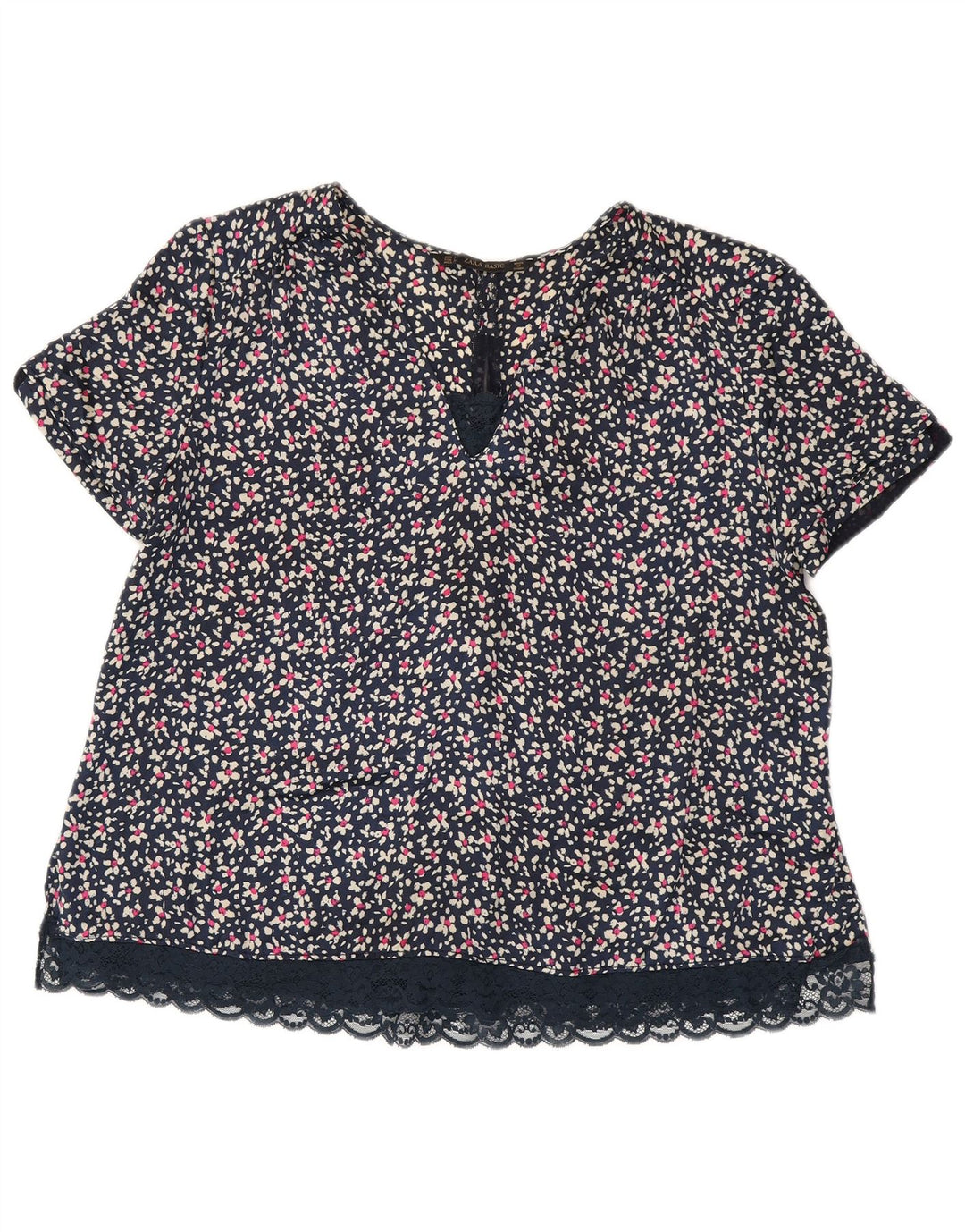 Blusa feminina ZARA UK 16 grande azul marinho floral