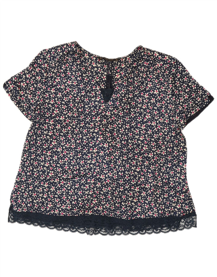 Blusa feminina ZARA UK 16 grande azul marinho floral