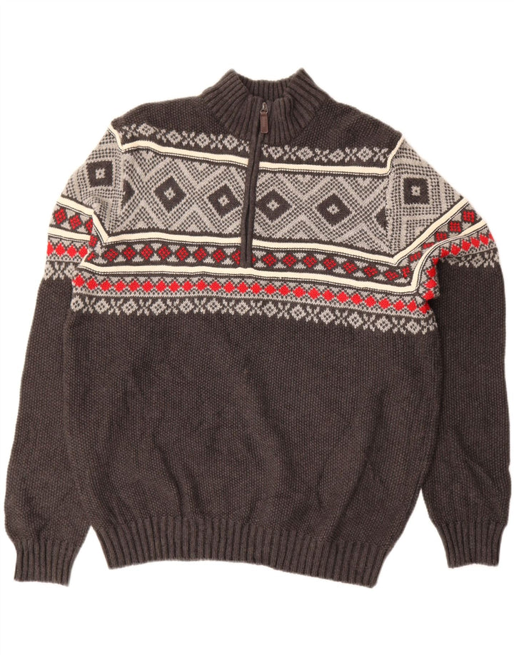 Suéter masculino IZOD com zíper e gola alta, grande, cinza, algodão Fair Isle