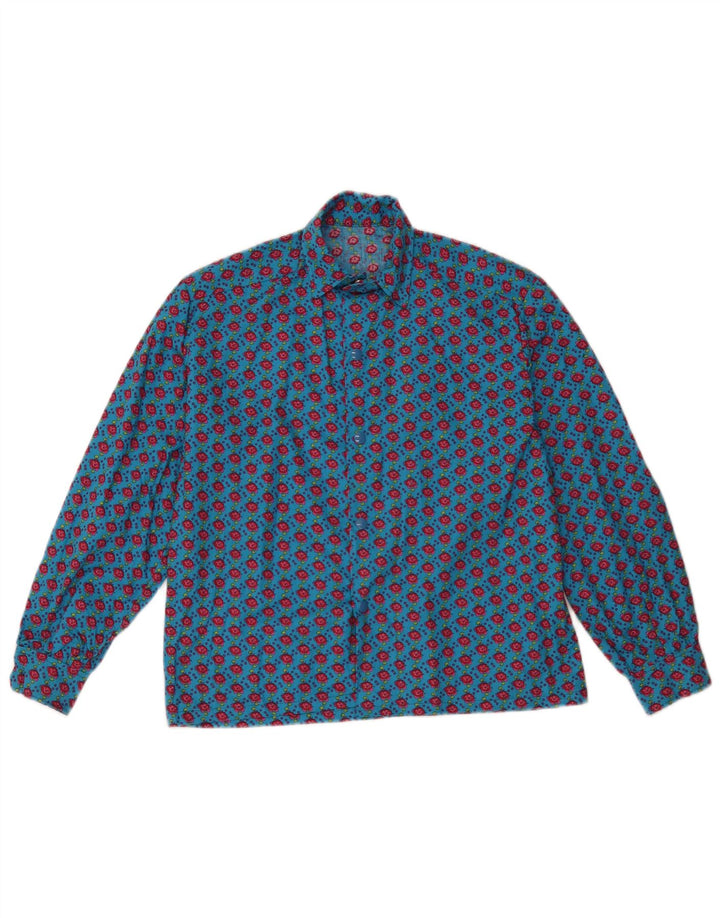 Blusa feminina vintage UK 12 floral azul médio