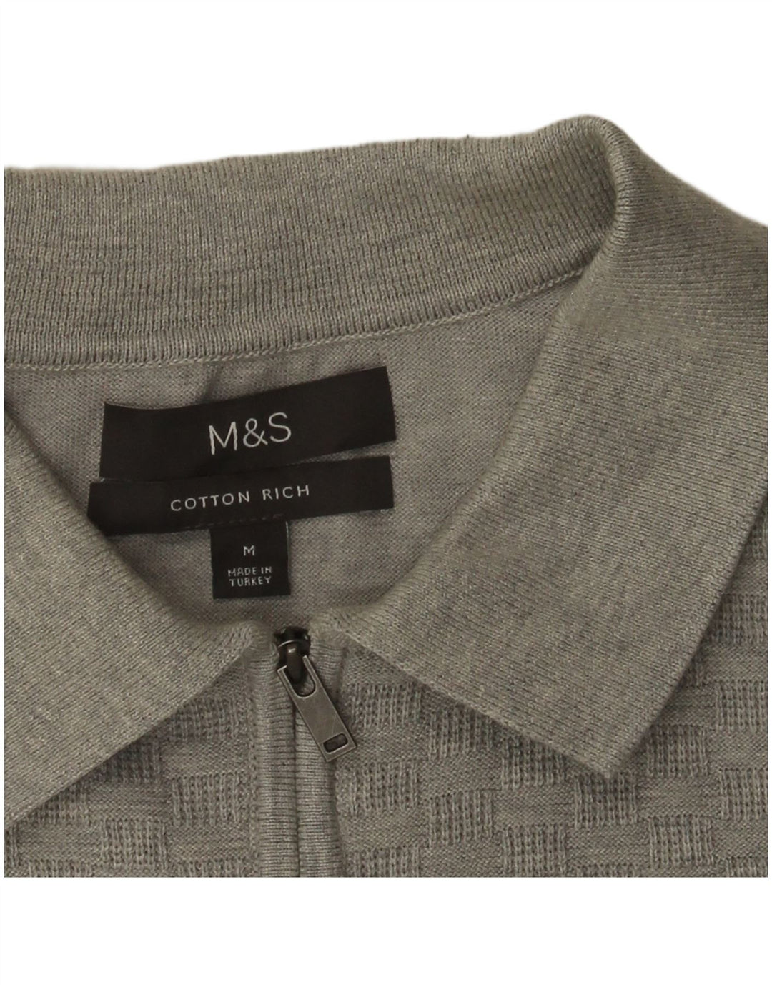 Suéter masculino Marks & Spencer com gola polo e algodão geométrico cinza médio