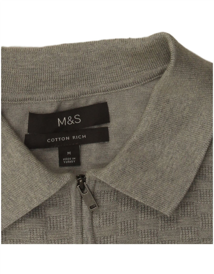 Suéter masculino Marks & Spencer com gola polo e algodão geométrico cinza médio