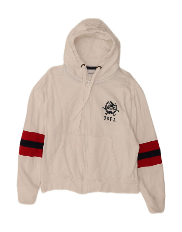 US Polo Assn. Suéter feminino com capuz e zíper UK 14 bloco colorido branco médio