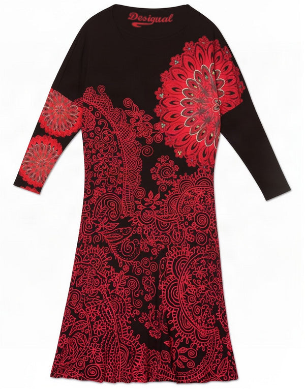 Vestido feminino Desigual manga comprida linha A UK 14 médio preto floral viscose