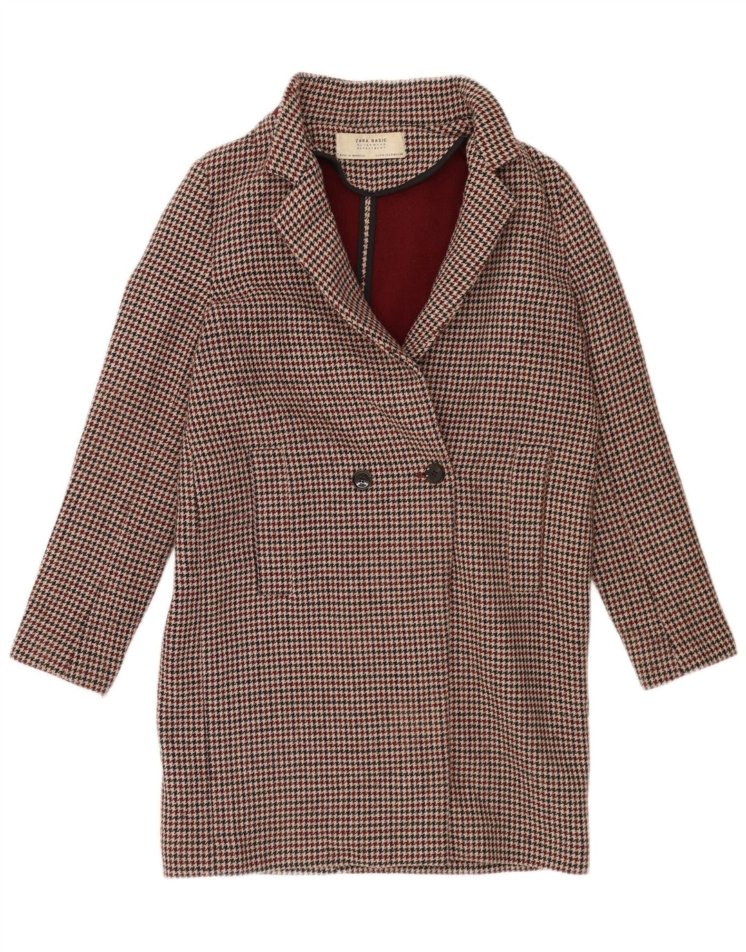 Zara Casaco feminino oversized com peito duplo Reino Unido 10 Pequeno Houndstooth Borgonha