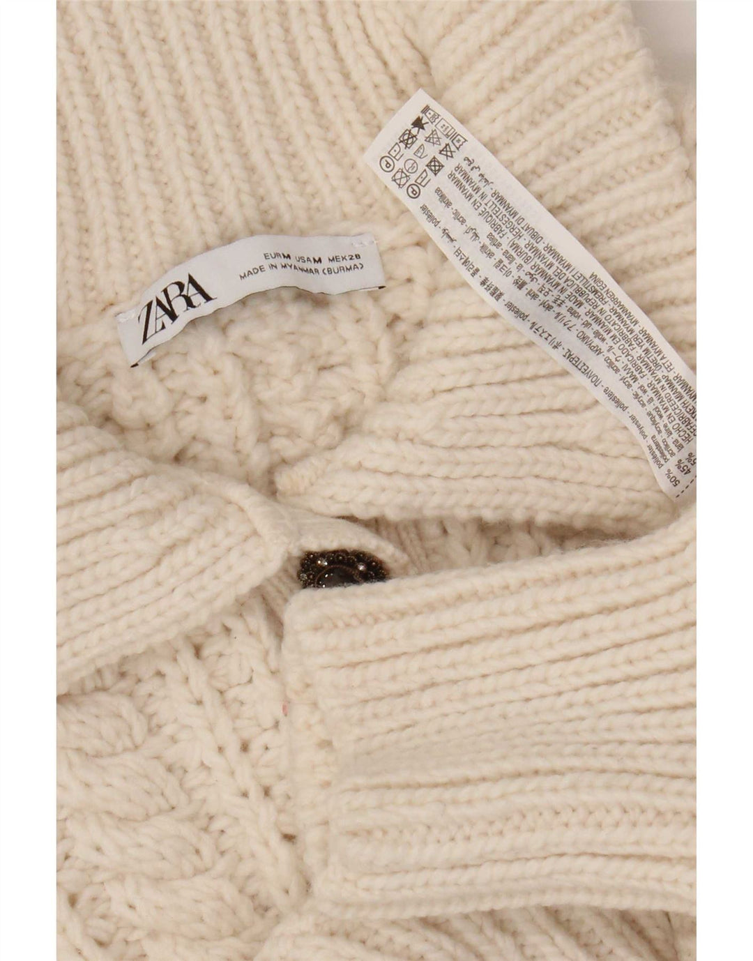 Zara Suéter feminino cropped com gola polo Reino Unido 14 poliéster bege médio