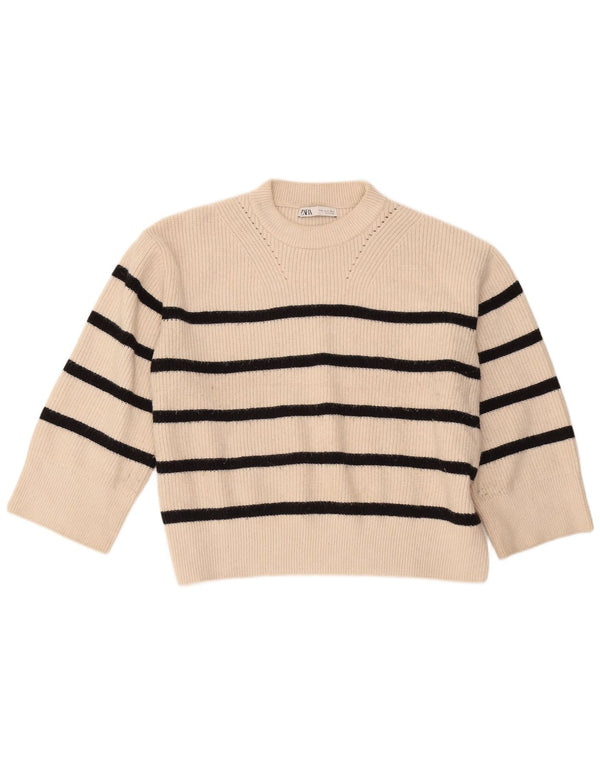 Suéter feminino Zara manga 3/4 com gola redonda Reino Unido 18 XL listrado branco