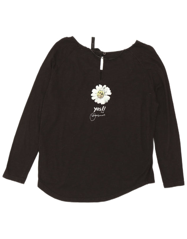 Desigual Top gráfico feminino oversized manga comprida Reino Unido 10 pequeno algodão preto