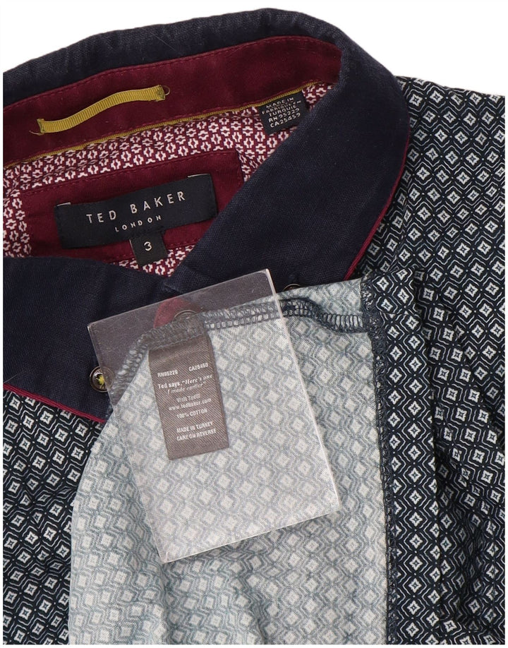 Camisa polo masculina Ted Baker tamanho 3 algodão geométrico azul médio