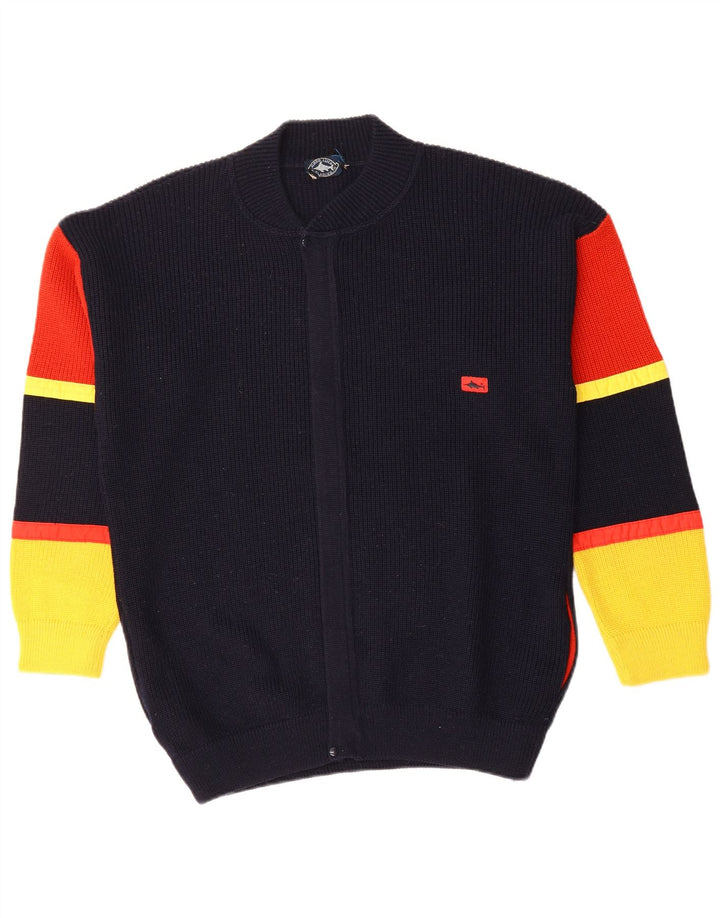 GOOD LUCK Mens Cardigan Sweater IT 50 Medium Navy Blue Colourblock Wool