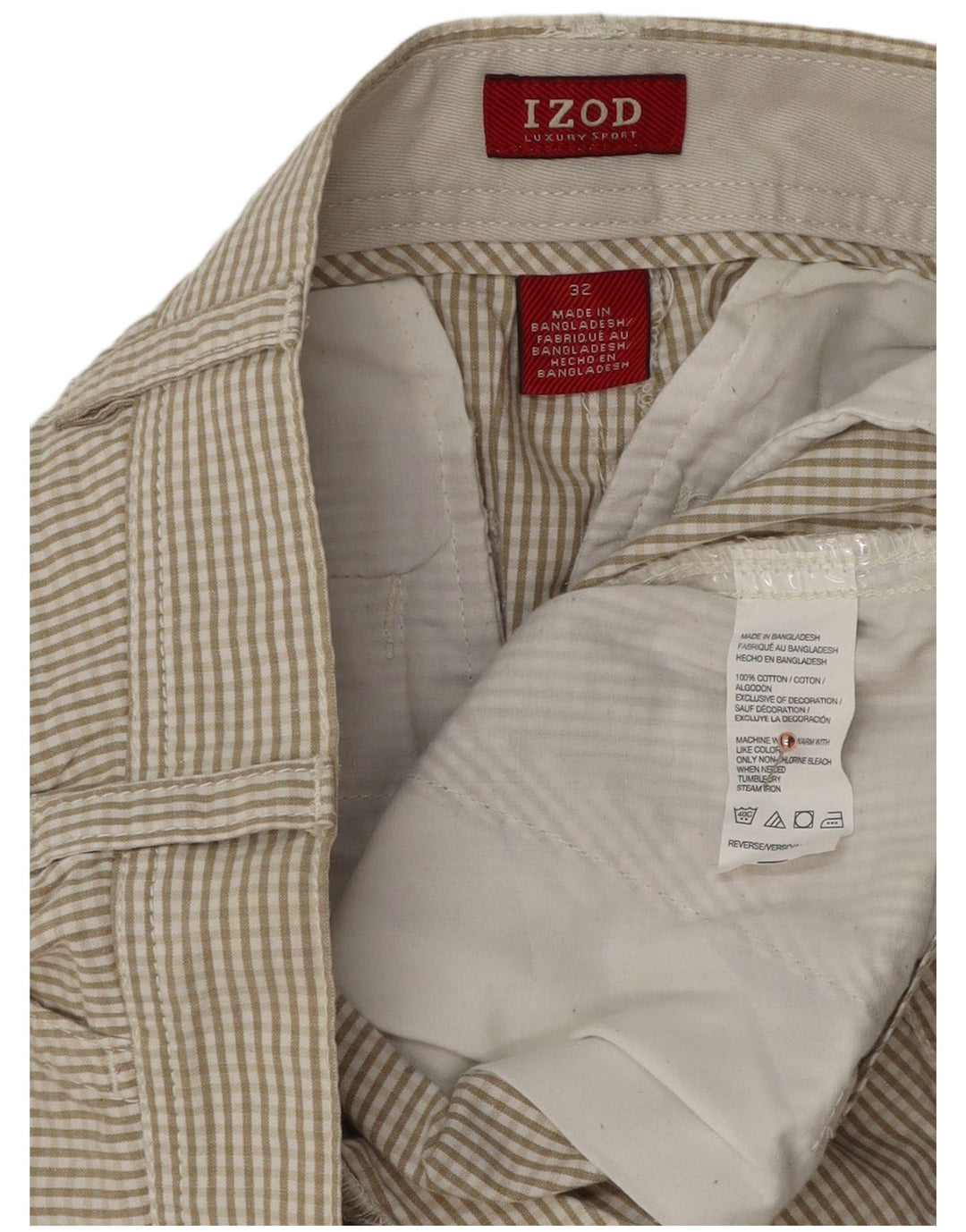 IZOD Mens Chino Shorts W32 Algodão Gingham Bege Médio