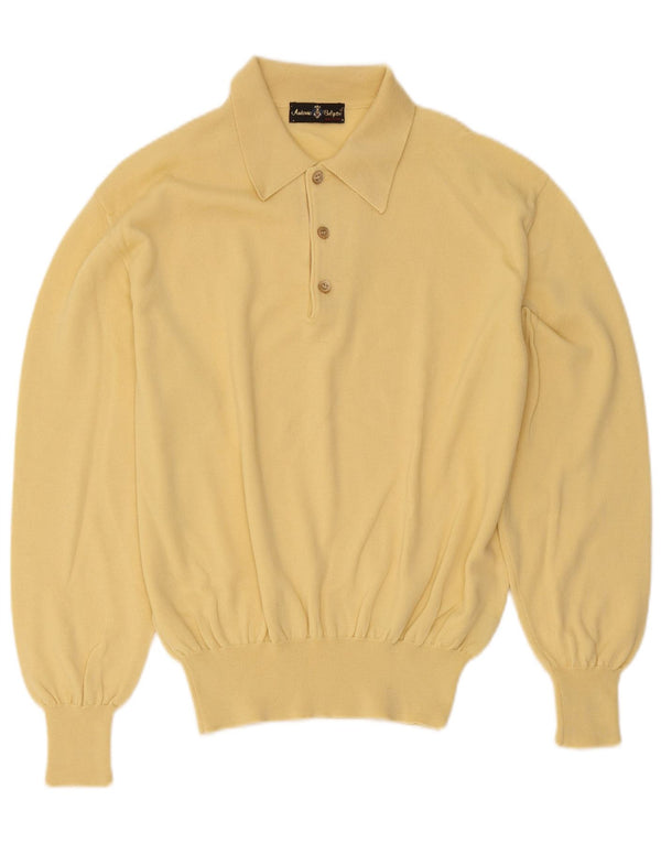 Suéter vintage masculino com gola polo e lã amarela média