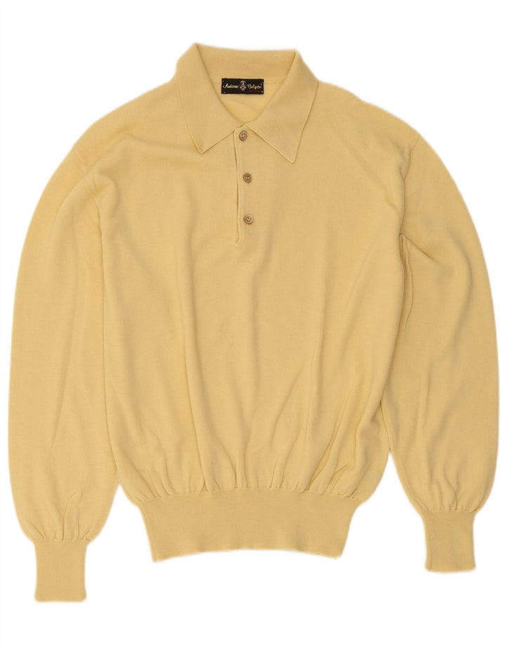 Suéter vintage masculino com gola polo e lã amarela média