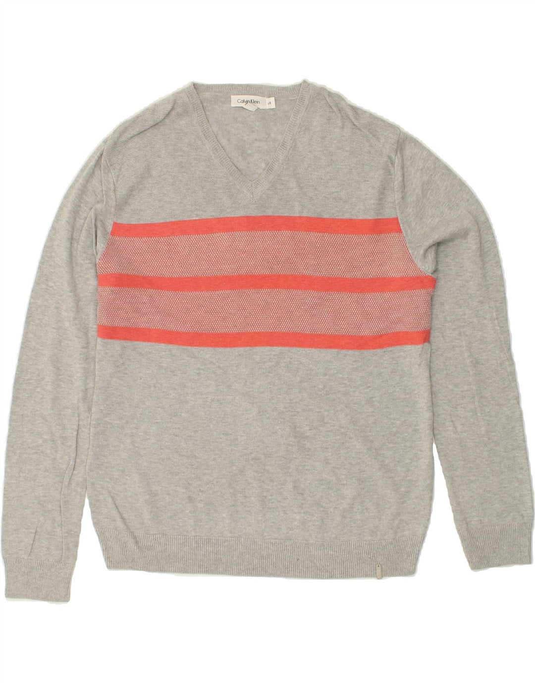 CALVIN KLEIN Mens V-Neck Jumper Sweater Large Grey Striped Cotton Vintage Calvin Klein and Second-Hand Calvin Klein from Messina Hembry 