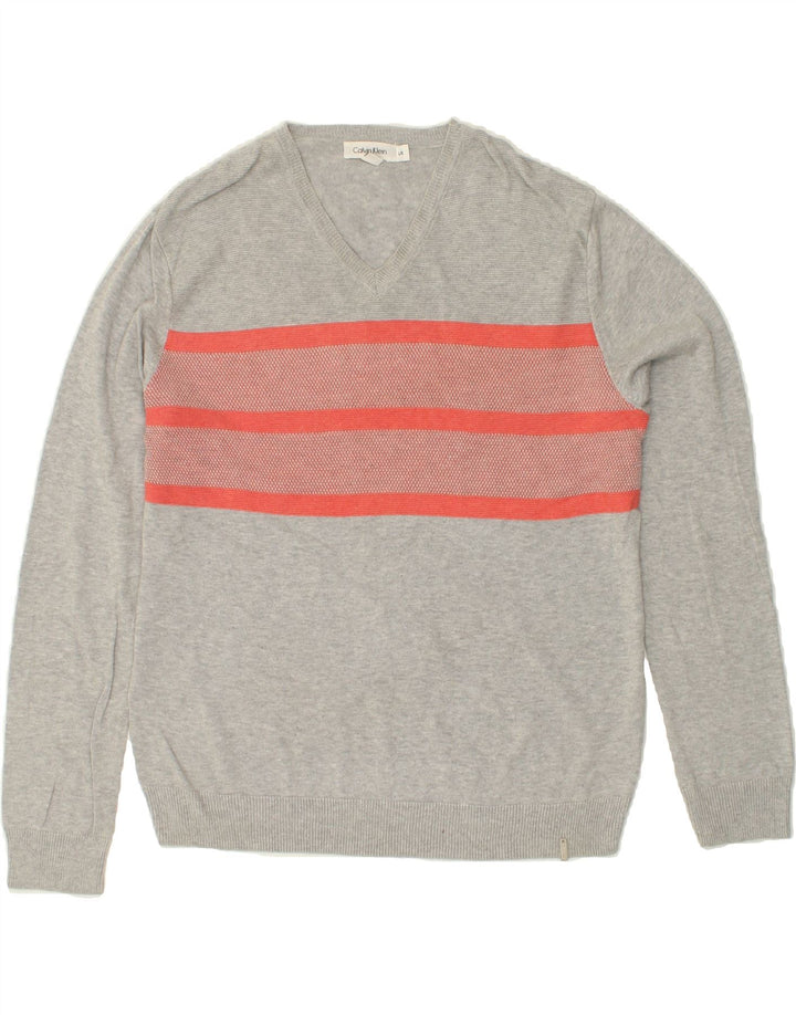 CALVIN KLEIN Mens V-Neck Jumper Sweater Large Grey Striped Cotton Vintage Calvin Klein and Second-Hand Calvin Klein from Messina Hembry 