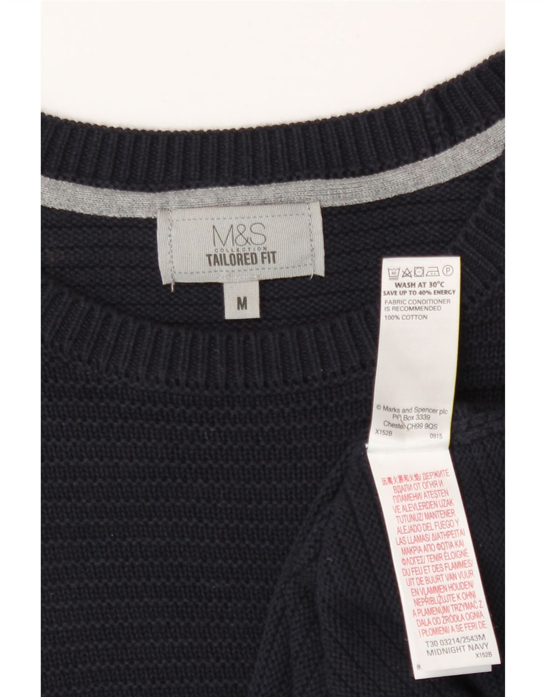 Suéter masculino Marks & Spencer com gola redonda, algodão azul marinho médio