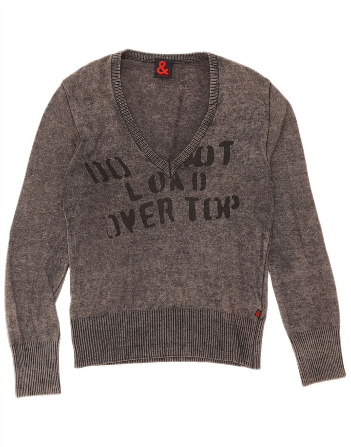 Dolce & Gabbana Suéter feminino gráfico com decote em V IT 44 lã cinza médio