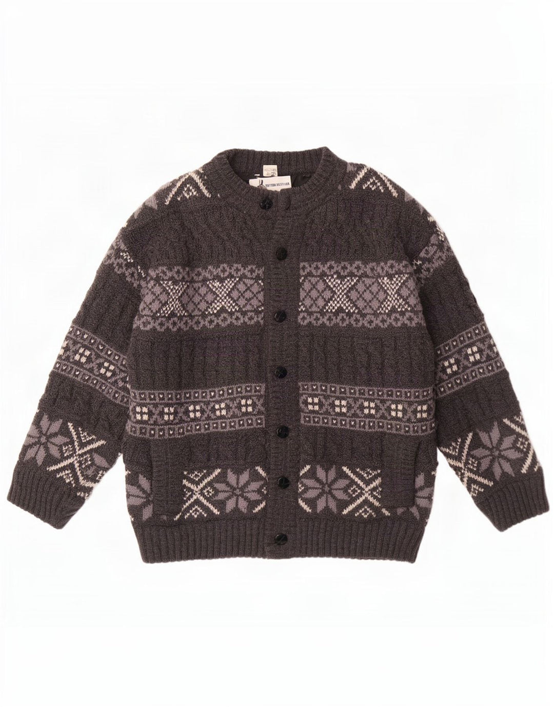 Suéter cardigã masculino vintage grande lã Fair Isle cinza