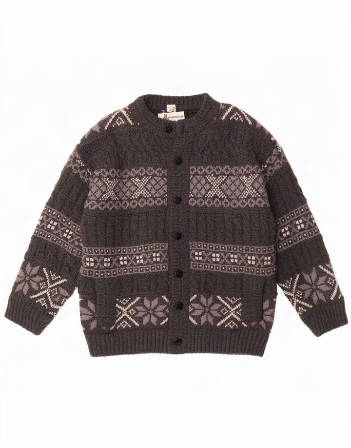 Suéter cardigã masculino vintage grande lã Fair Isle cinza