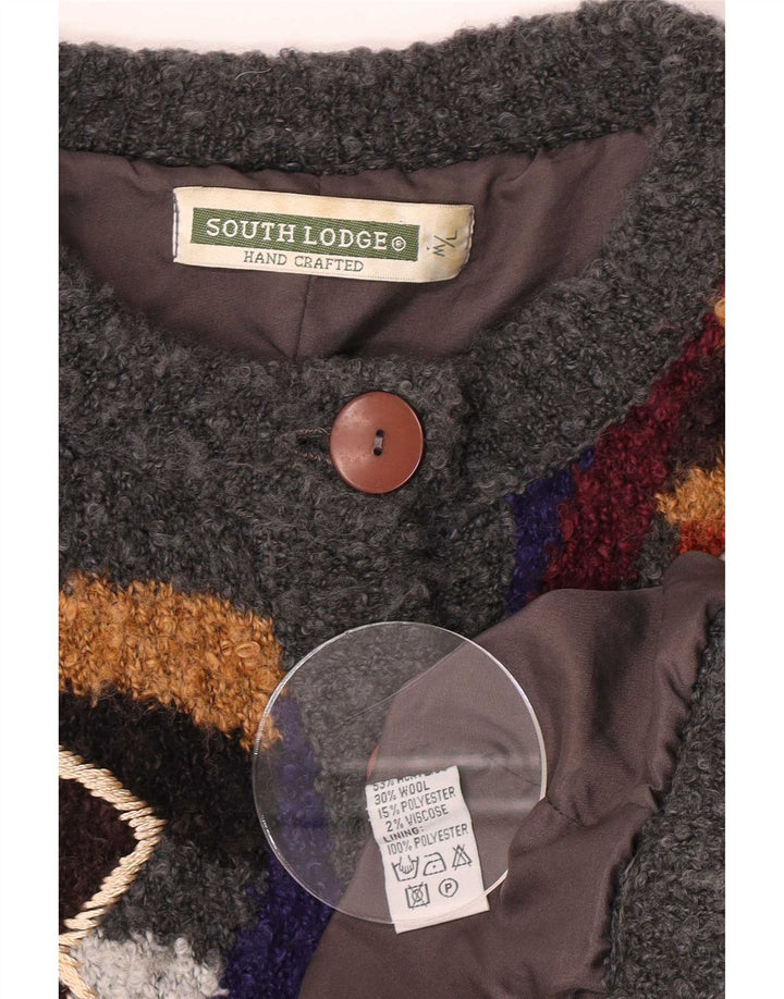 Suéter cardigã feminino vintage longline UK 14 patchwork cinza médio